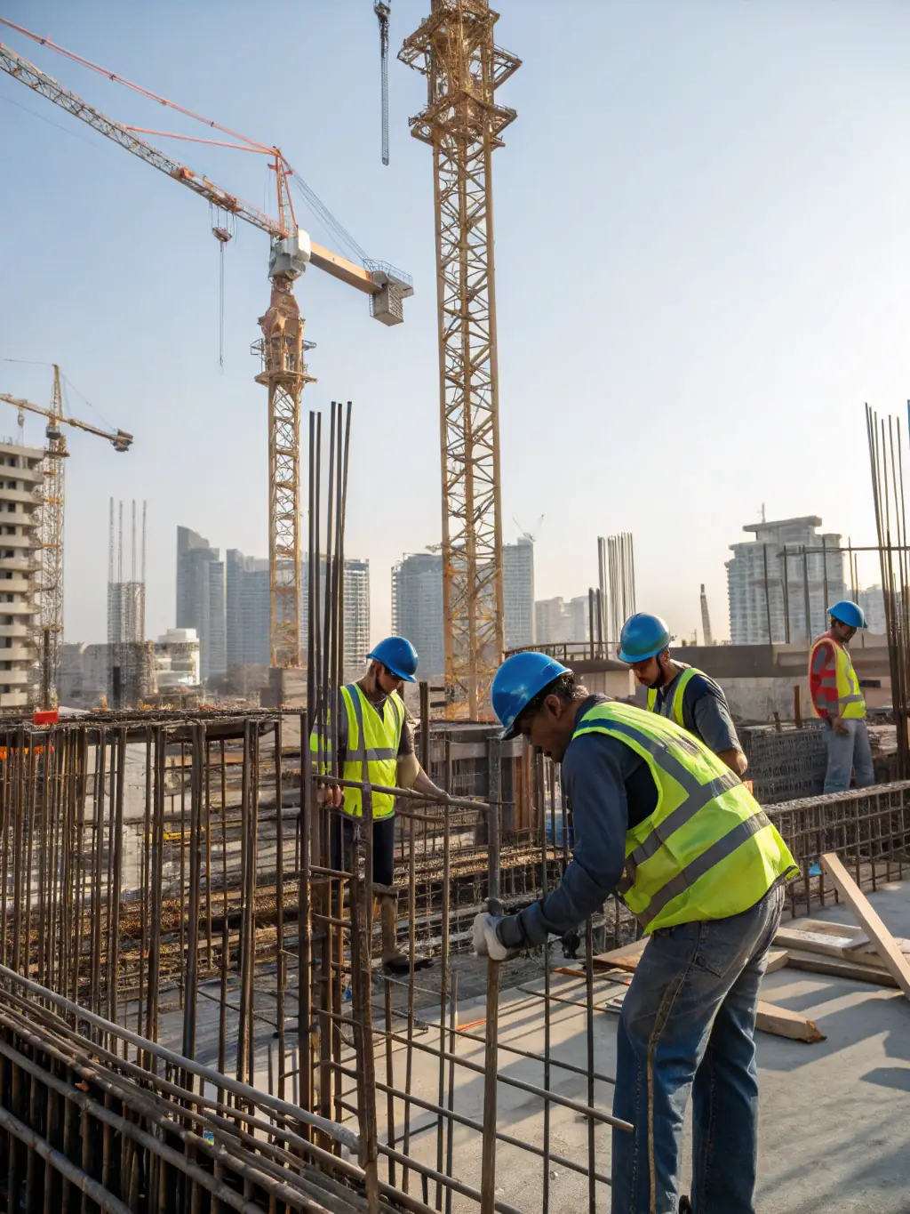 A photograph of construction workers on a job site, one of them is injured, symbolizing workplace injuries.